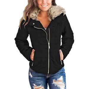 Womens Faux Fur Lapel Quilted Puffer Parka Jacket Zip Pockets Coat